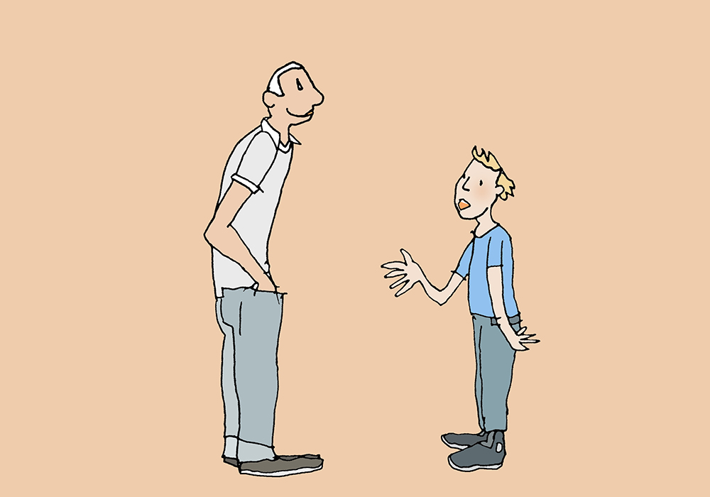 Ein Mann und ein Junge stehen sich gegenüber, der Junge erzählt etwas