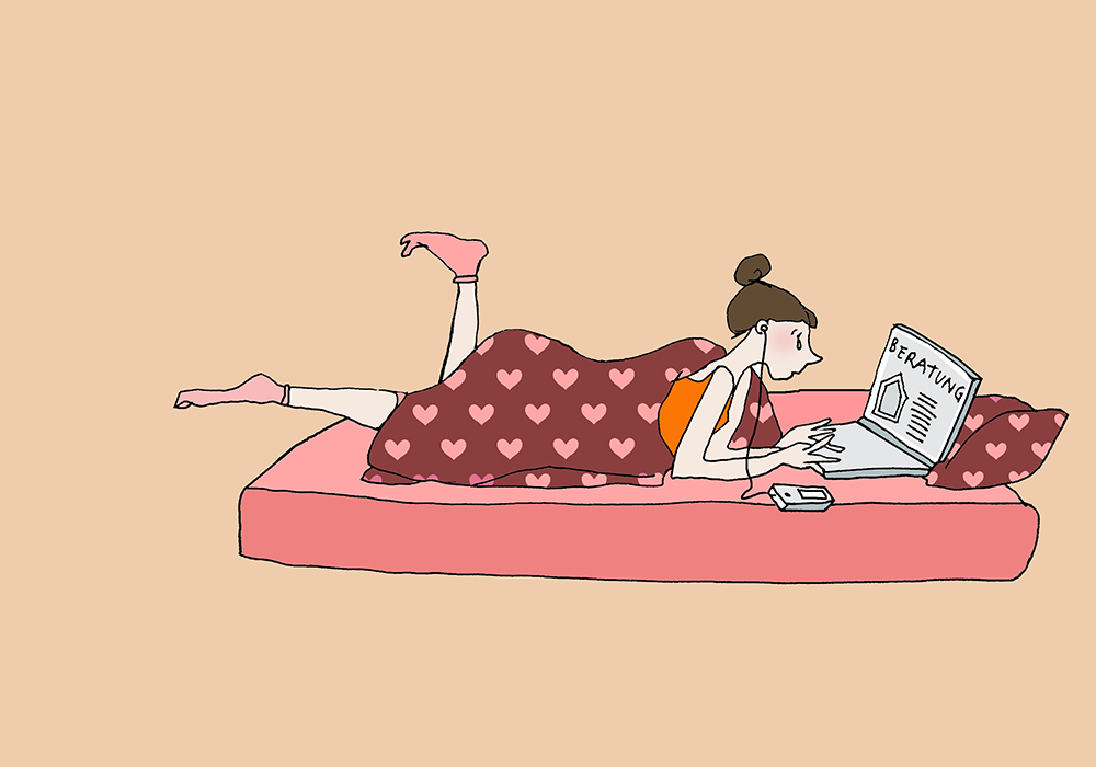 Ein Mädchen liegt auf dem Bett und sucht auf ihrem Laptop nach Beratungsstellen