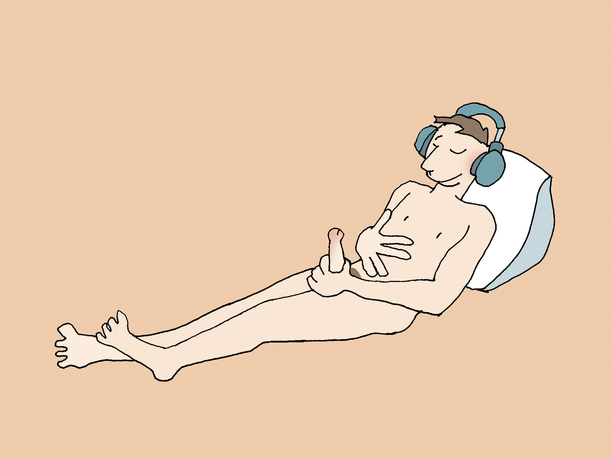 A naked man lies on his back. He's wearing headphones. He has one hand on his penis and the other on his stomach.