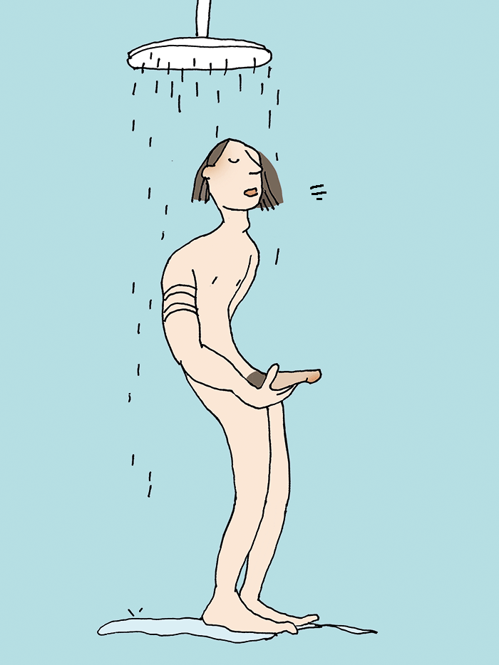 Naked man in the shower. He has one hand around his erect penis and swings his pelvis back and forth. While doing that he's breathing in and out through the mouth.