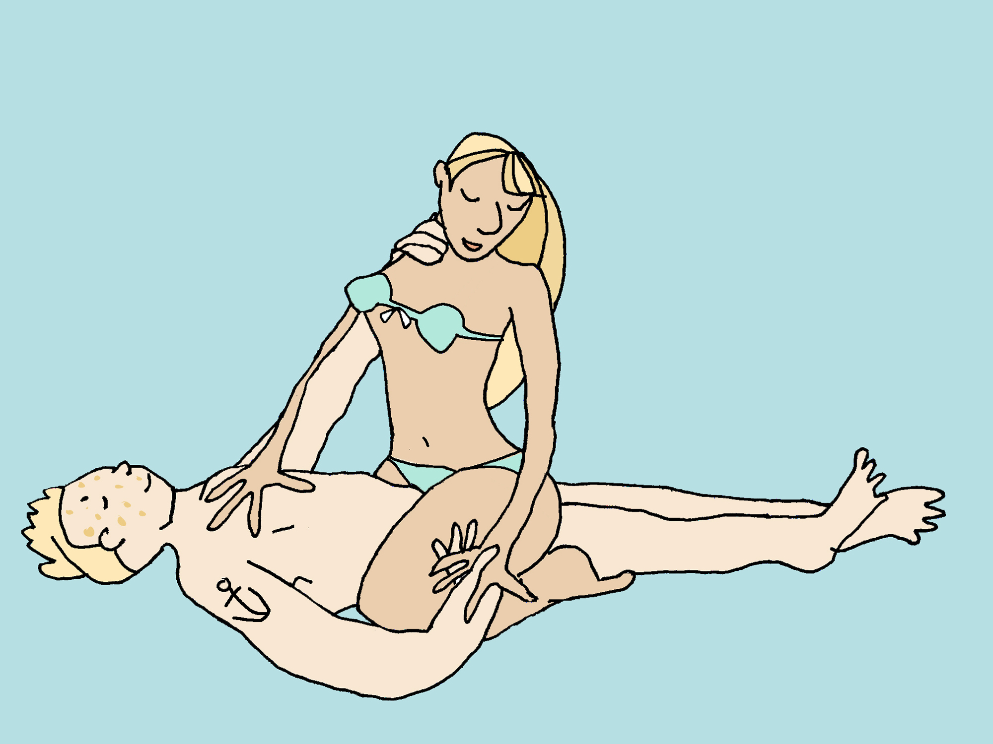 A naked man lies on his back. A woman in her underwear sits on top of him in cowgirl position.