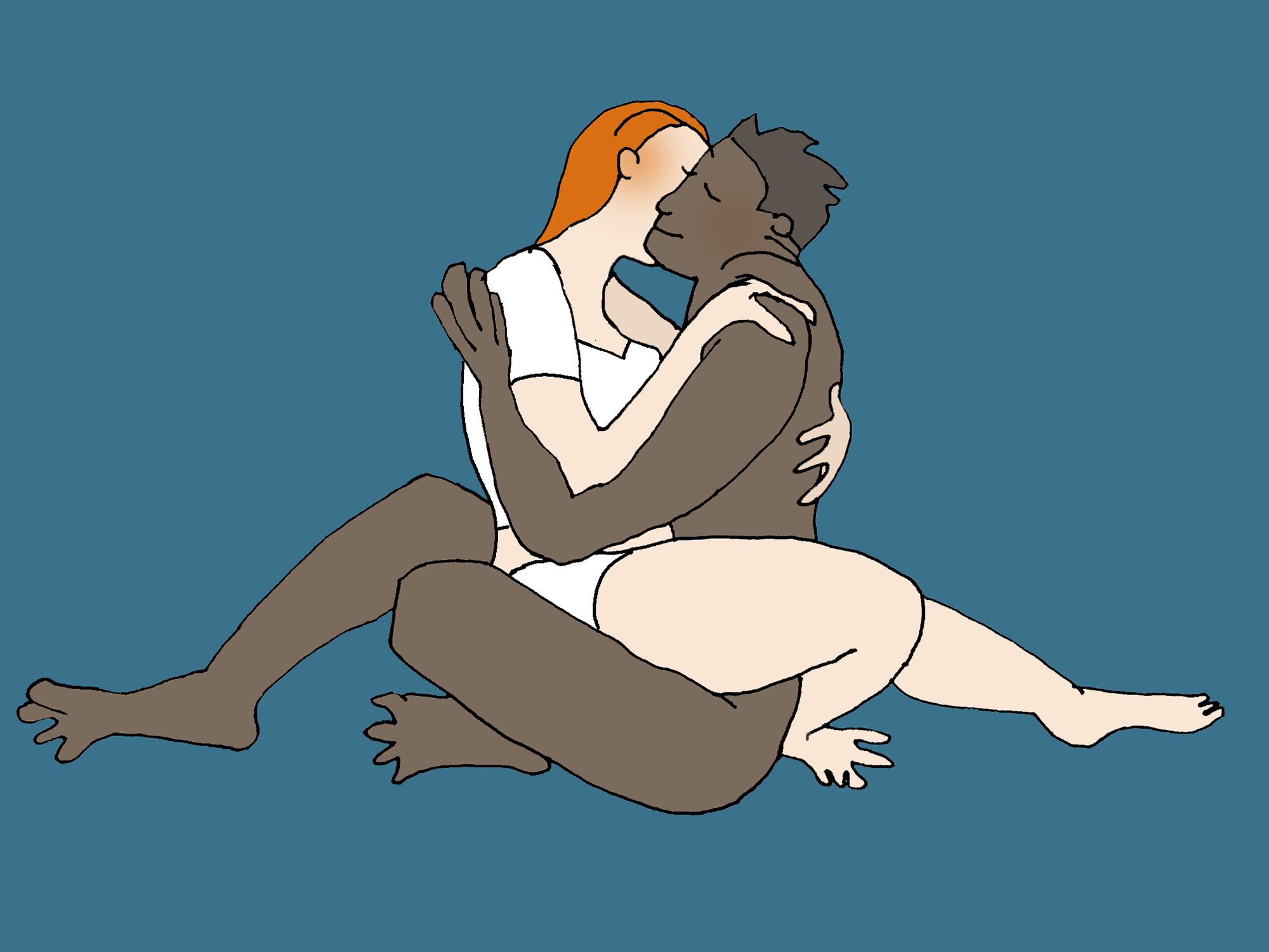 Eine Frau in Unterwäsche sitzt auf einem nackten Mann. Sie schlingt ein Bein um ihn und legt die Arme um ihn.