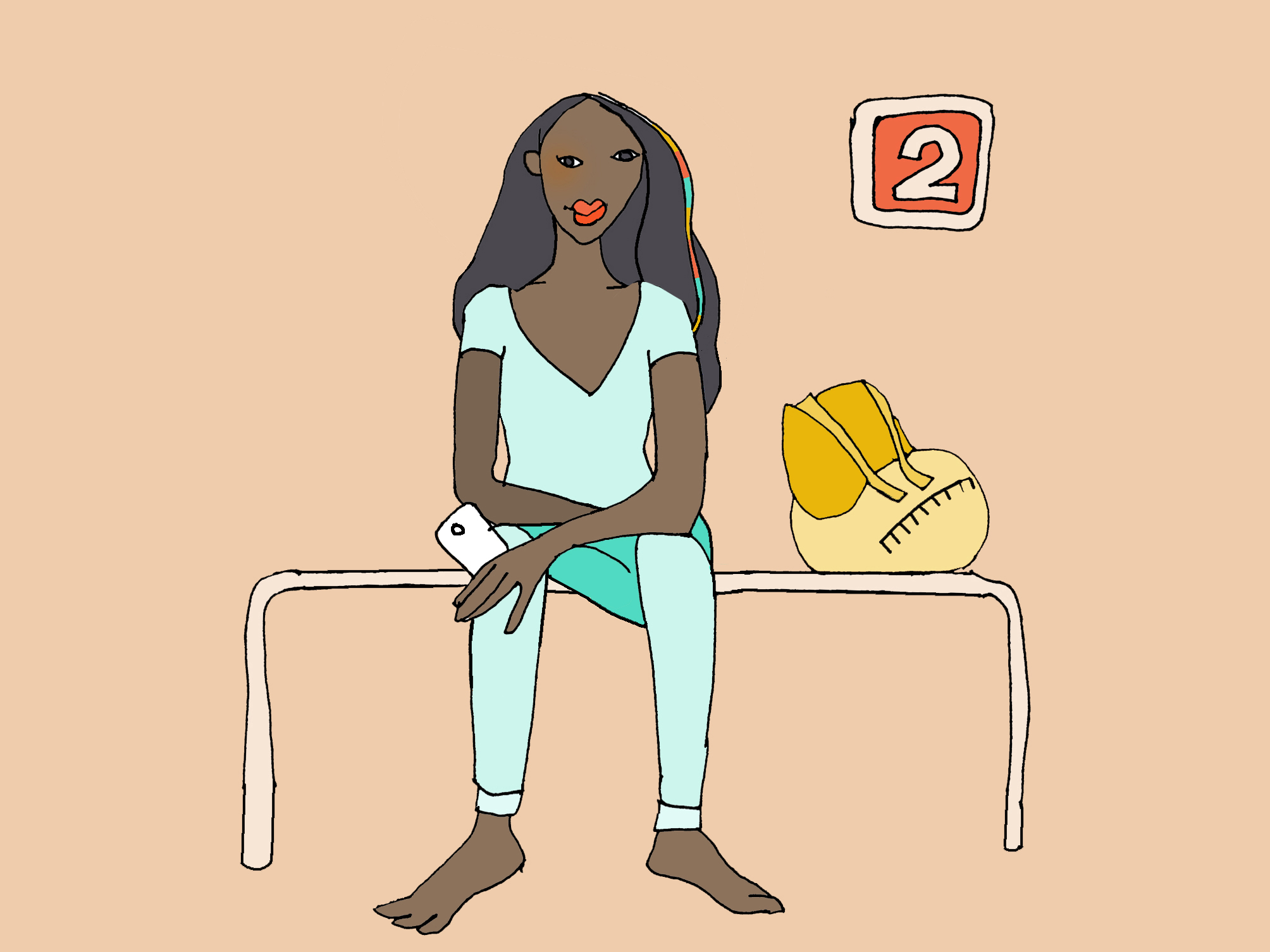 A woman sits casually upright on a bench with her smartphone in her hand. Next to her is her backpack.
