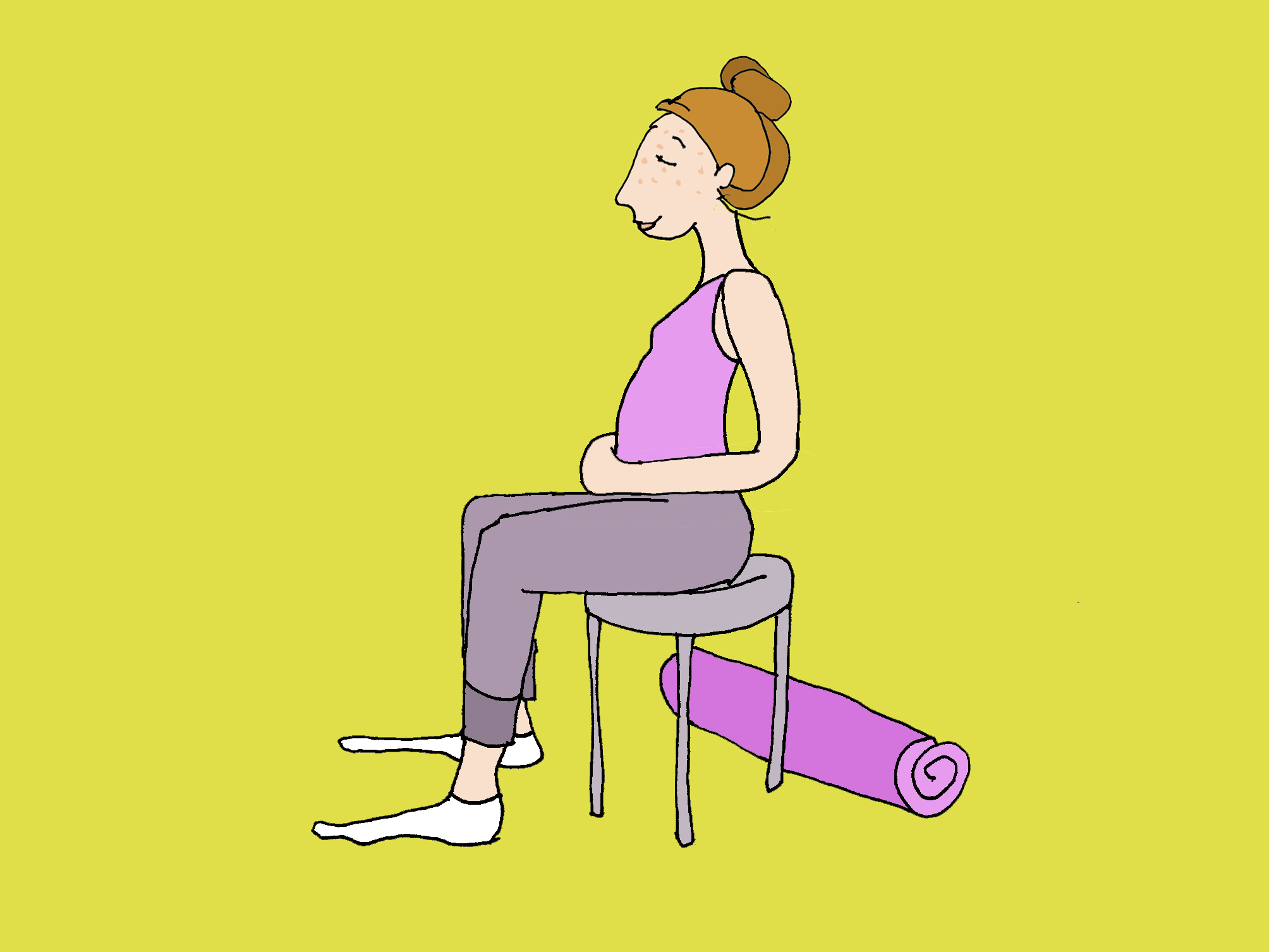 A woman is sitting on a stool, her hands resting on her stomach. Her eyes are closed. She rocks her pelvis forwards and backwards. She breathes in and out.