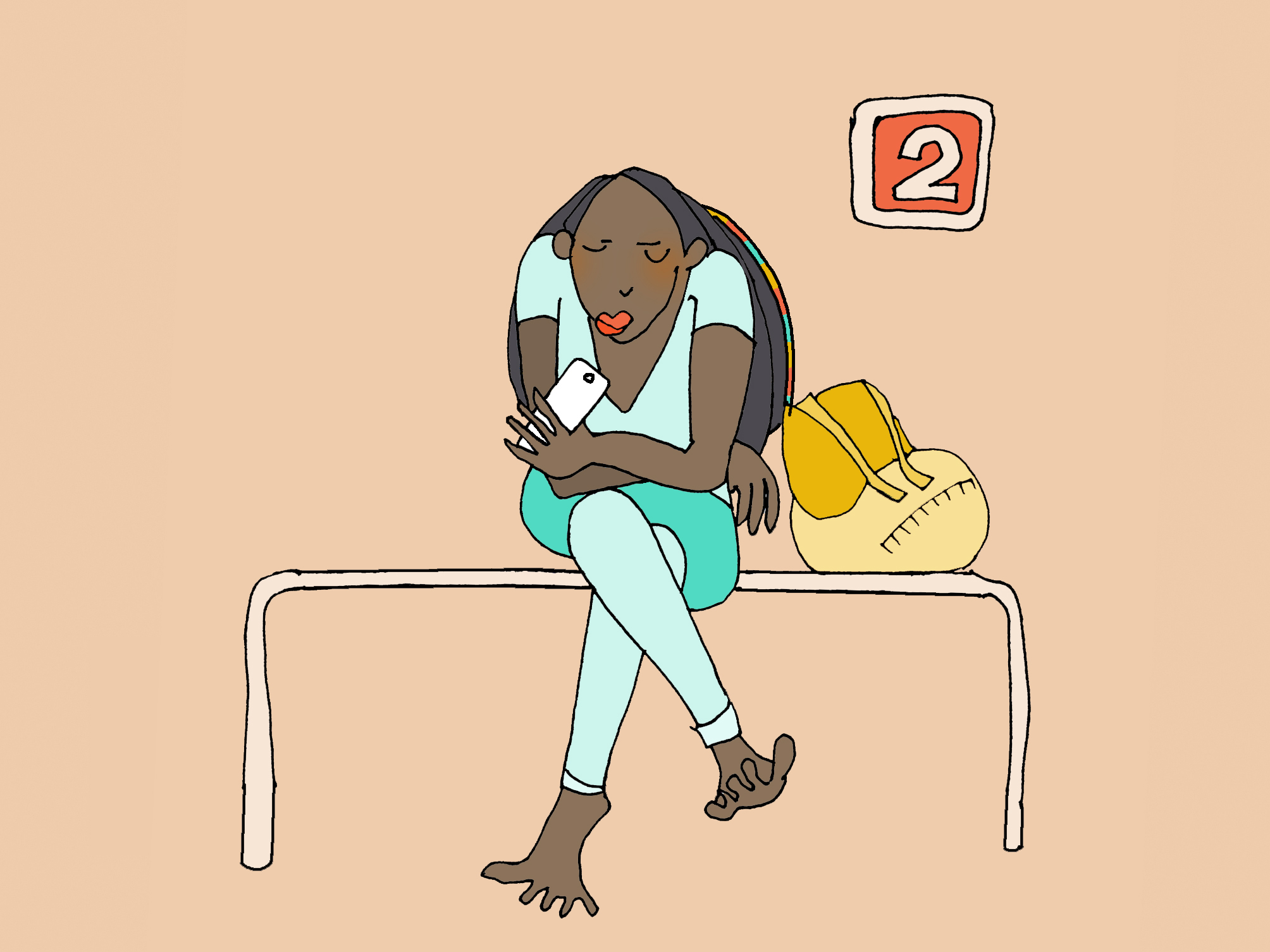A woman is sitting on a bench with her legs crossed and her arms folded, hunched over. She is looking at her smartphone. Her backpack is standing next to her.