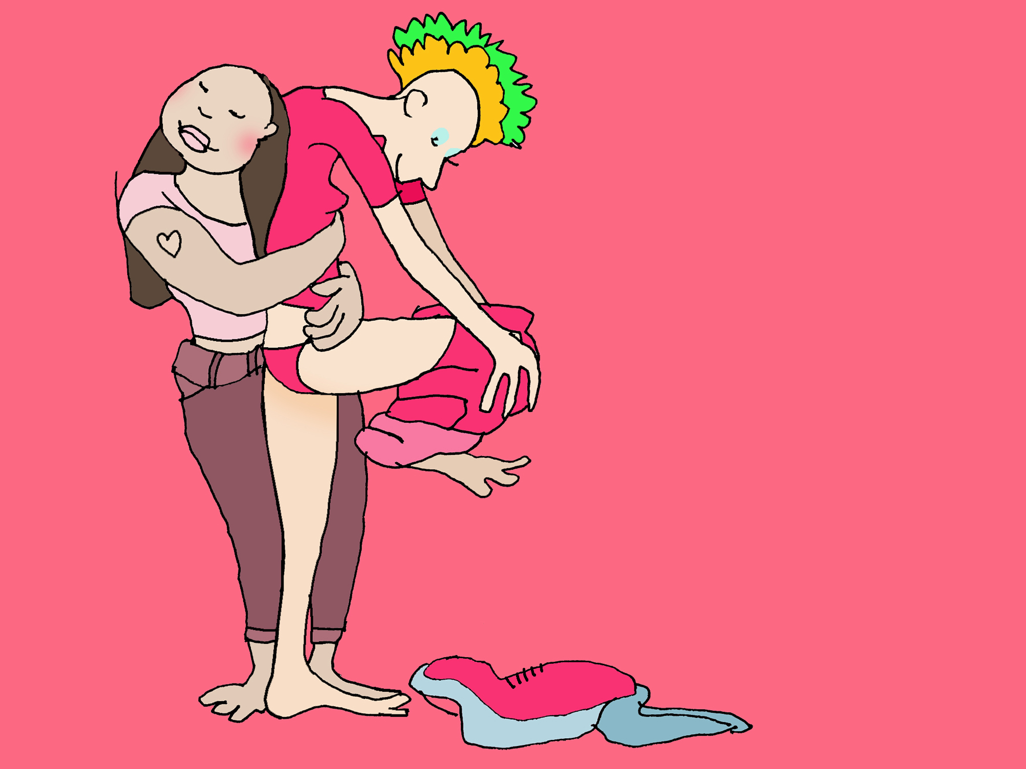 A woman hugs a woman who is undressing.