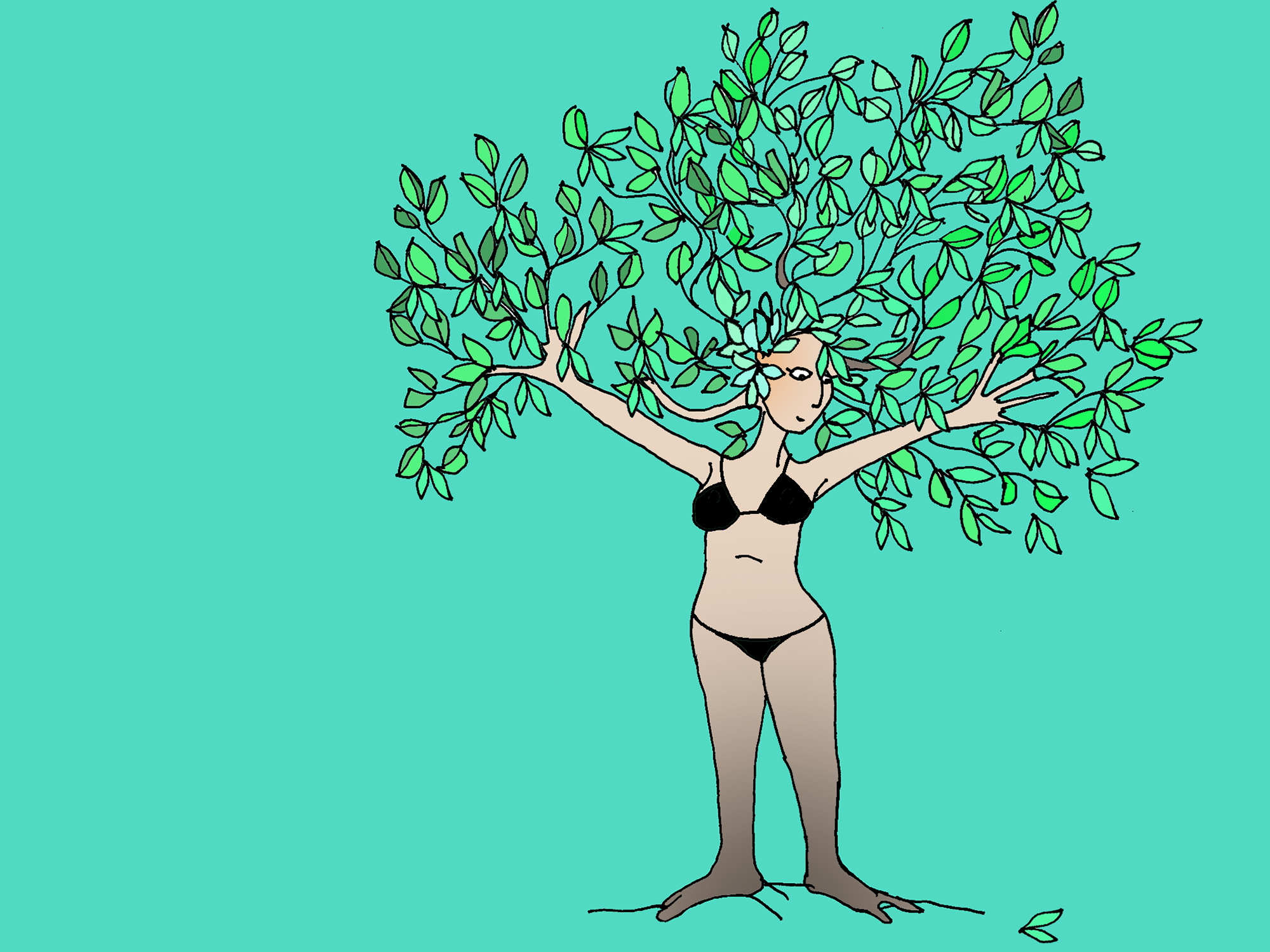 A woman in her underwear stands with her arms spread upwards in front of a light blue background. Branches and leaves grow from her head and arms. Roots grow from her feet.