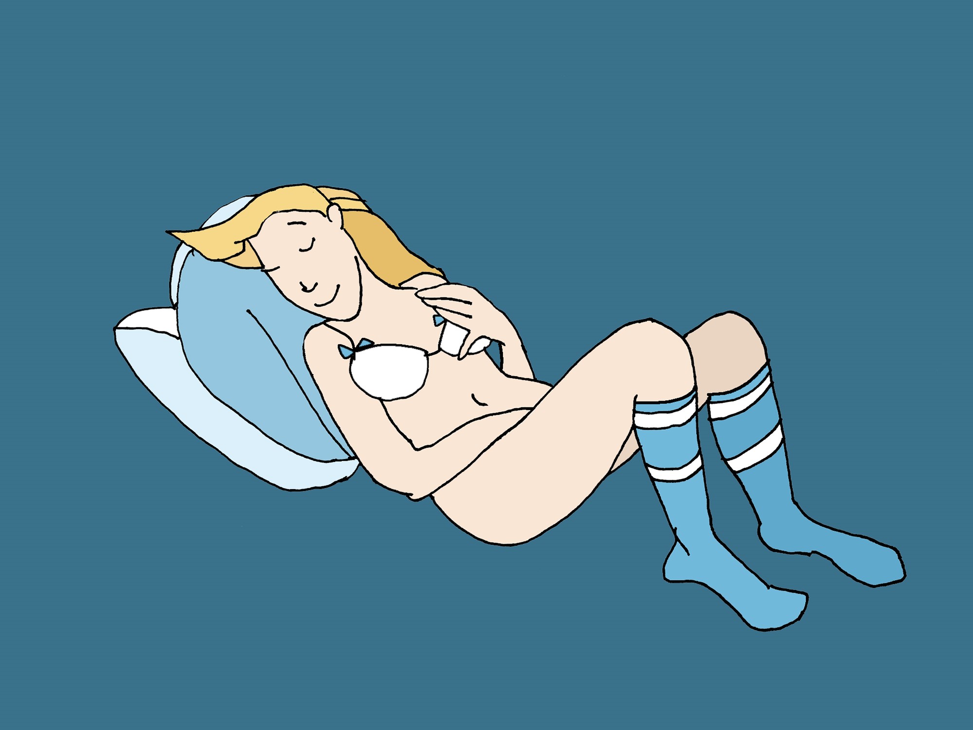 A woman is lying on her back. She has one hand on her chest and the other on her genitals.