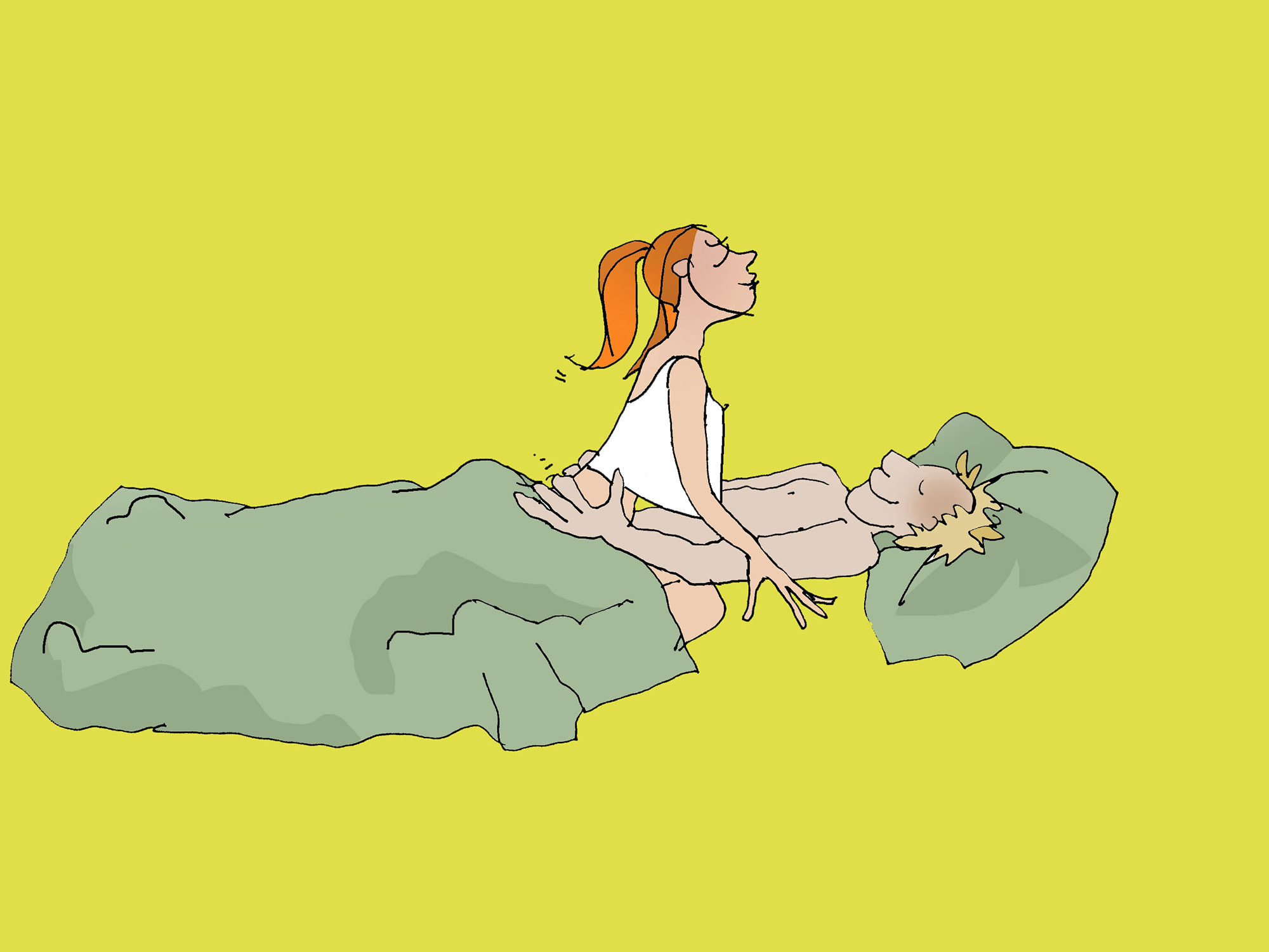 Eine Frau und ein Mann haben Geschlechtsverkehr im Bett in Reiterstellung