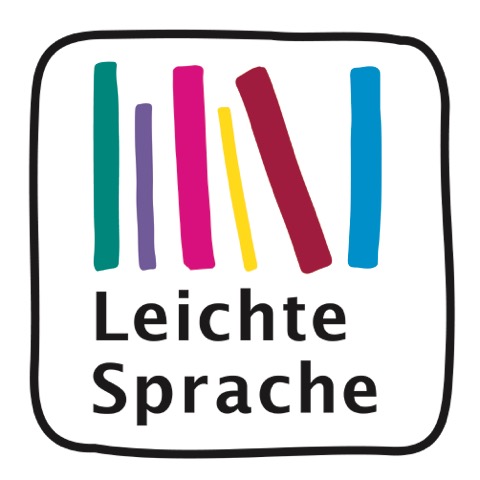 Quadrat mit schwarzem Rahmen und weissem Hintergrund. Im Quadrat oben sind 6 senkrechte und schräge Striche in verschiedenen Farben und Grössen. Unterhalb der Striche steht: Leichte Sprache.