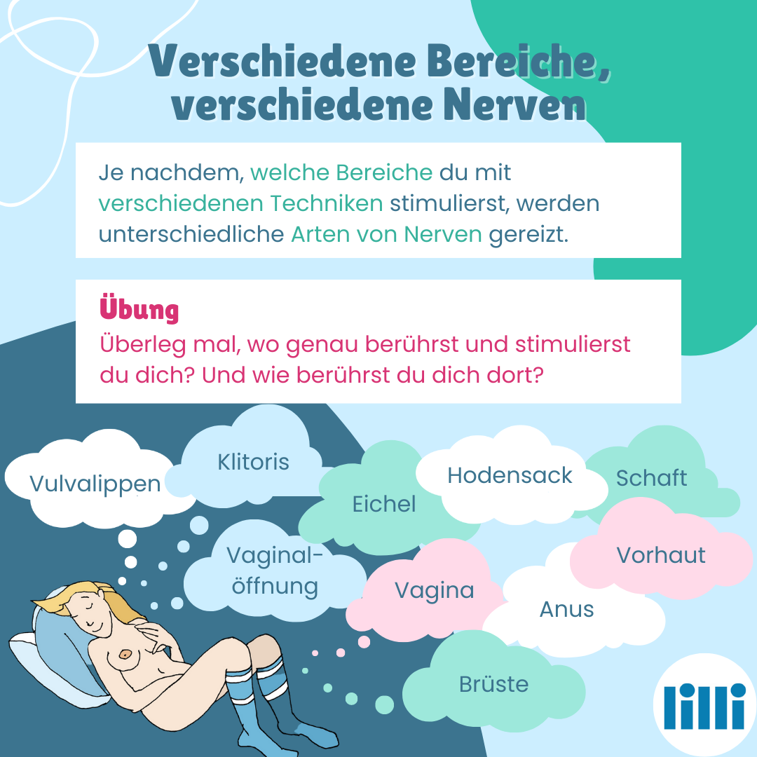 Bild von einer Frau beim Solosex mit Denkblasen in welchen verschiedene Bereiche stehen, welche stimuliert werden können: Vulvalippen, Klitoris, Vaginalöffnung, Eichel, Vagina, Hodensack, Brüste, Anus, Schaft und Vorhaut. Überschrift: Verschiedene Bereiche, verschiedene Nerven Text: Je nachdem, welche Bereiche du mit verschiedenen Techniken stimulierst, werden unterschiedliche Arten von Nerven gereizt. Übung Überleg mal, wo genau berührst und stimulierst du dich? Und wie berührst du dich dort?