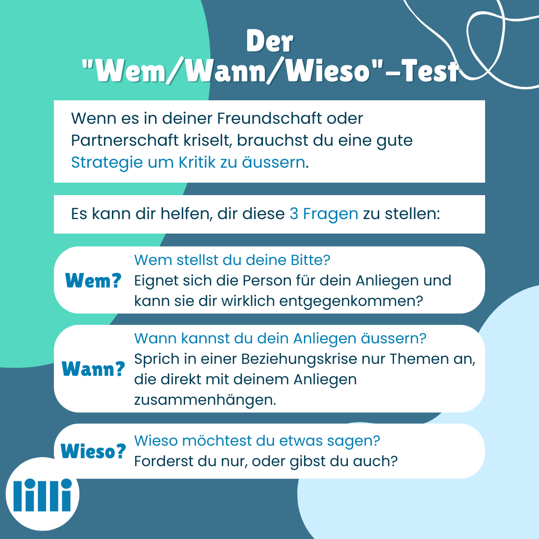 Überschrift: Der "Wem/Wann/Wieso"-Test Text: Wenn es in deiner Freundschaft oder Partnerschaft kriselt, brauchst du eine gute Strategie um Kritik zu äußern. Es kann dir helfen, dir diese 3 Fragen zu stellen: - Wem? Wem stellst du deine Bitte? Eignet sich die Person für dein Anliegen und kann sie dir wirklich entgegenkommen? - Wann? Wann kannst du dein Anliegen äußern? Sprich in einer Beziehungskrise nur Themen an, die direkt mit deinem Anliegen zusammenhängen. - Wieso? Wieso möchtest du etwas sagen? Forderst du nur, oder gibst du auch?