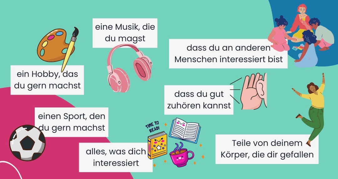 Es sind kleine Bilder abgebildet, von den folgenden verschiedenen Ressourcen: - eine Musik, die du magst - ein Hobby, das du gern machst - einen Sport, den du gern machst - dass du an anderen Menschen interessiert bist - dass du gut zuhören kannst - alles, was dich interessiert - Teile von deinem Körper, die dir gefallen