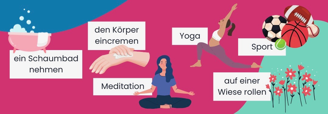 Kleine Bilder verschiedener Methoden, um den Körper zu spüren: - ein Schaumbad nehmen - den Körper eincremen - Yoga - Meditation - Sport - auf einer Wiese rollen