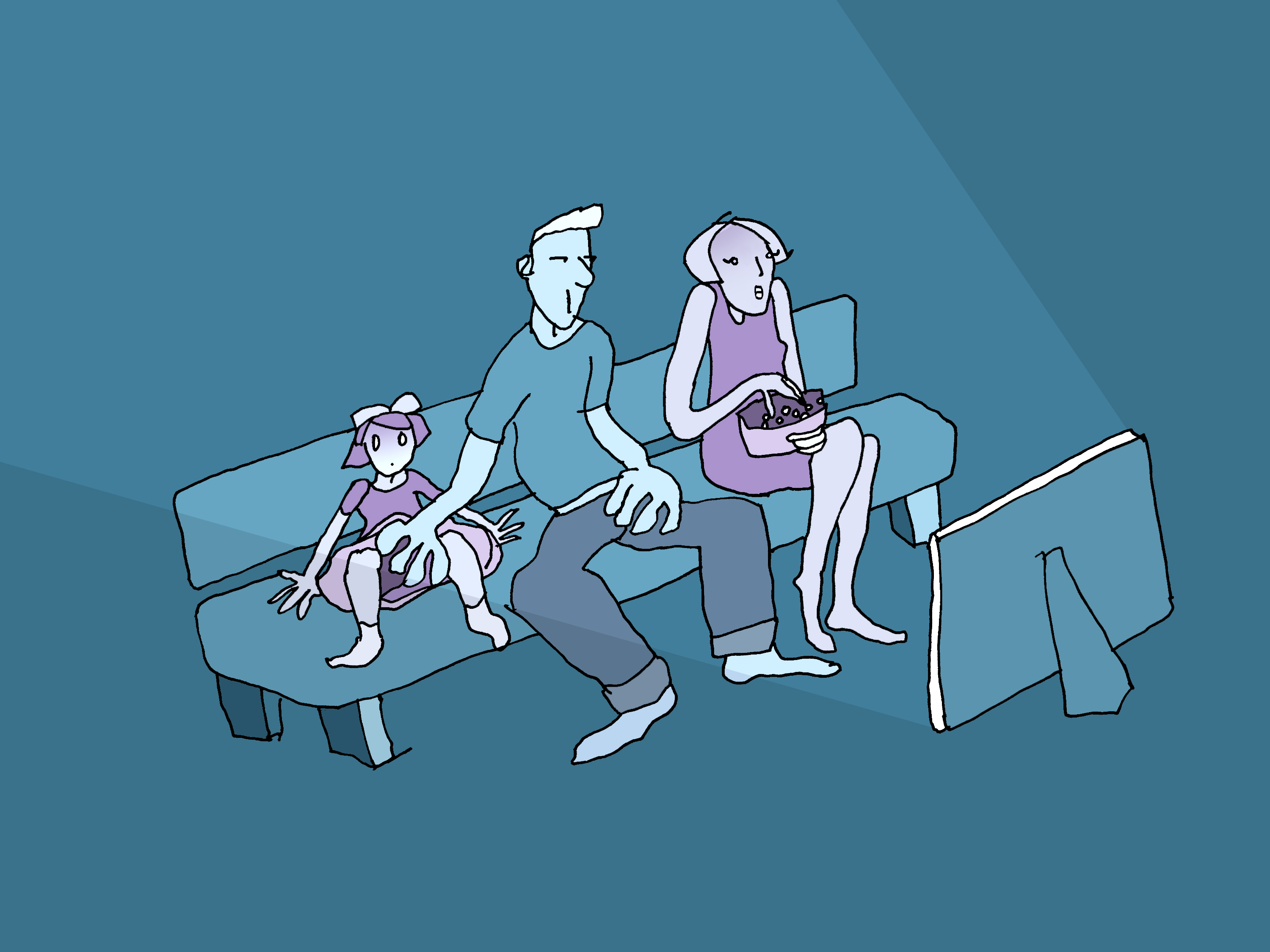 Eine Mutter, ein Vater und ihre kleine Tochter sitzen auf dem Sofa und schauen fern. Der Vater berührt mit einer Hand den Schoss der Tochter, mit der anderen seinen eigenen. Die Tochter hat einen erschrockenen Blick. Die Mutter isst Popkorn und schenkt den beiden keine Aufmerksamkeit.