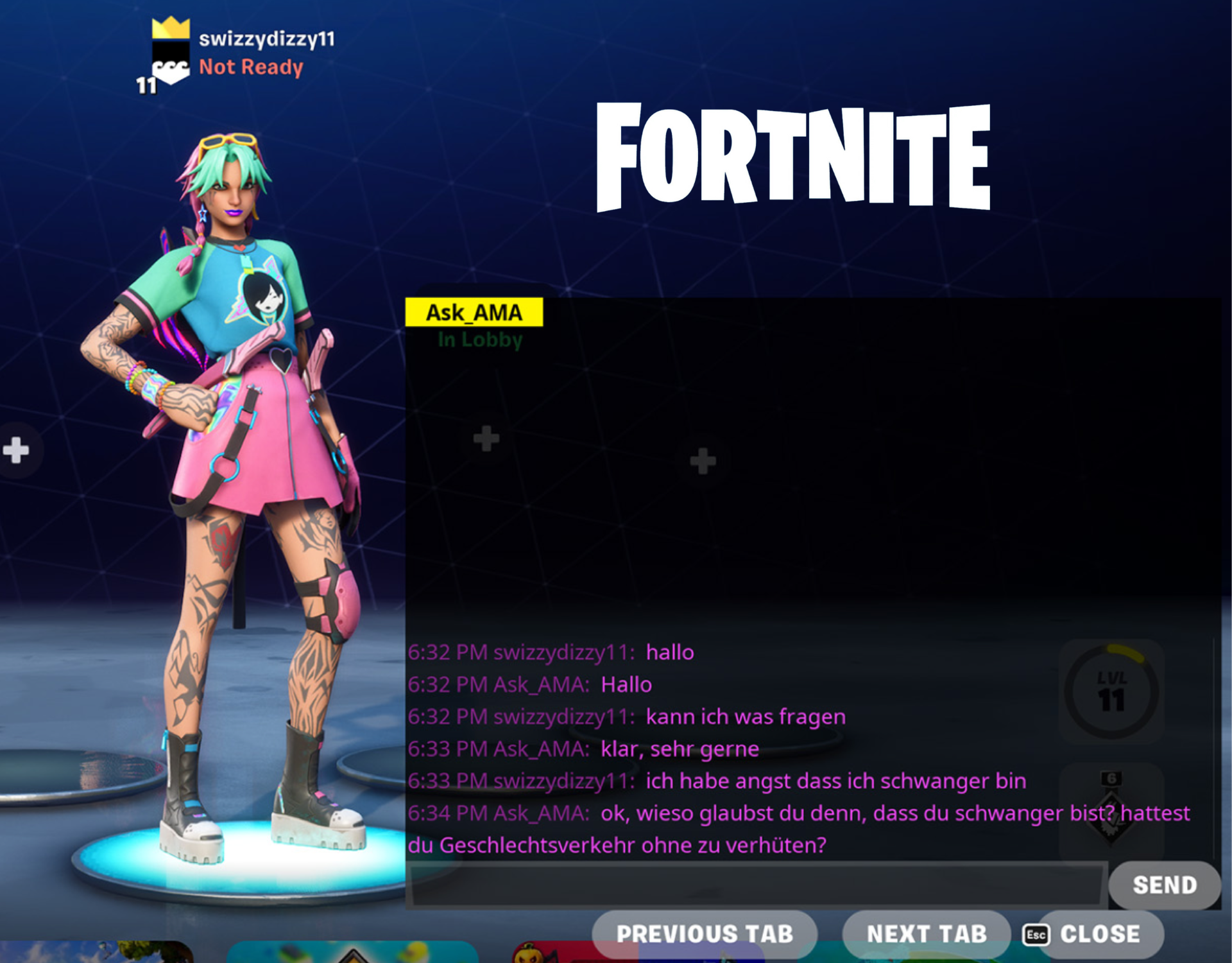 Bild von einem Fortnite Avatar, der neben einem Chatfenster steht. Im Chat schreibt eine Benutzerin von ihrer Angst, schwanger sein zu können.  Oben rechts im Bild steht in großer Schrift "Fortnite".