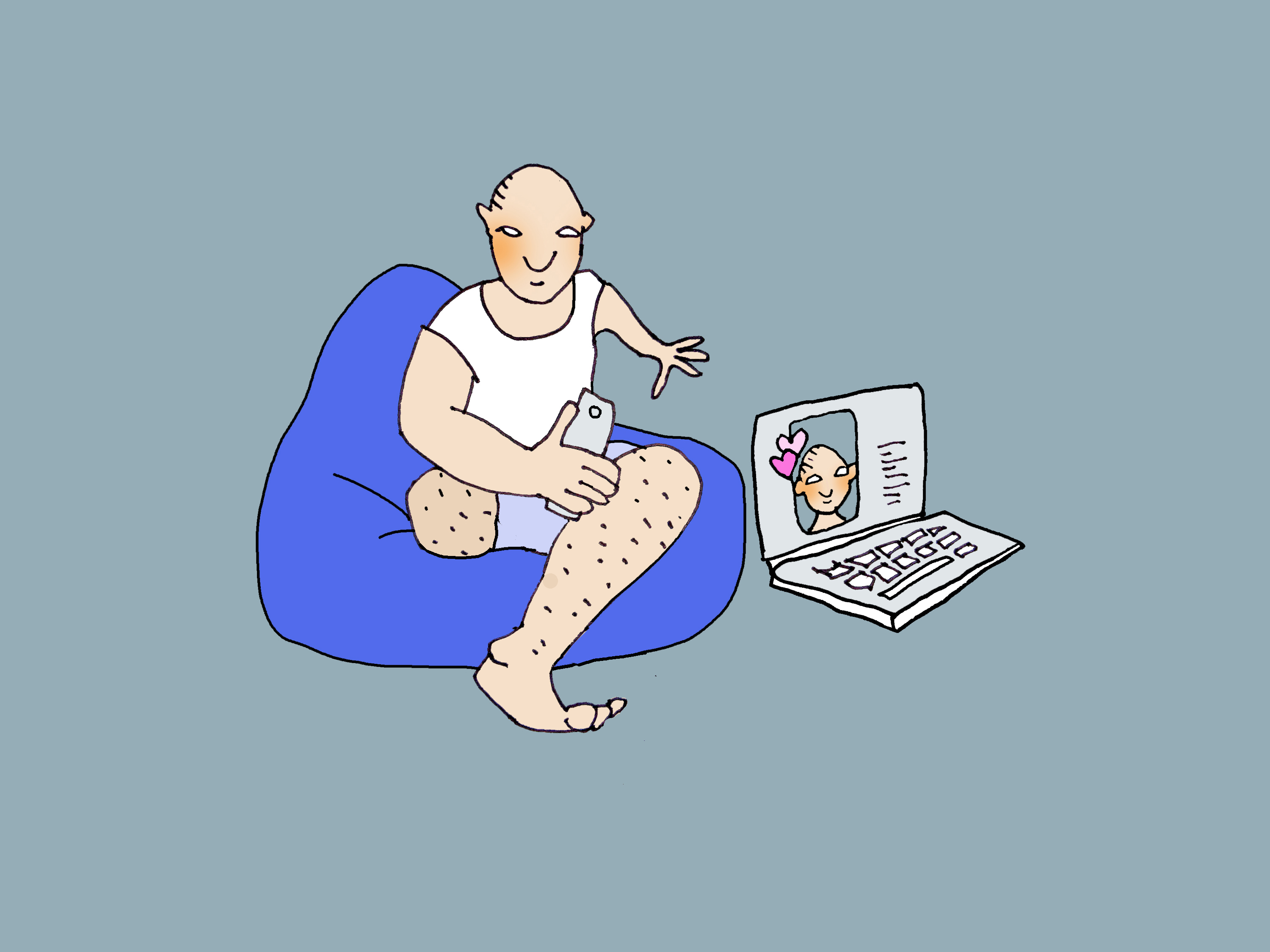 Ein Mann sitzt auf einem Sitzsack und hält sein Handy in der Hand. Er hat nur ein Bein. Neben ihm steht ein Computer auf dem Boden, auf dem sein Dating-Profil zu sehen ist.